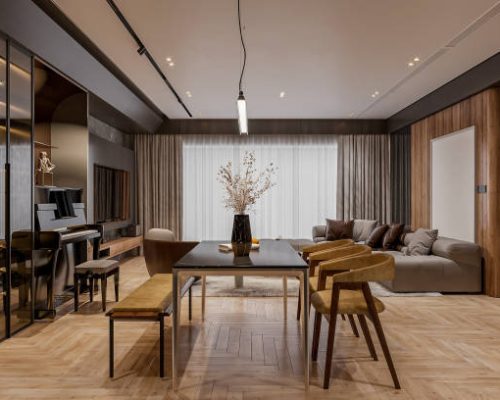 modern open concept living and dining room with stylish furniture and piano